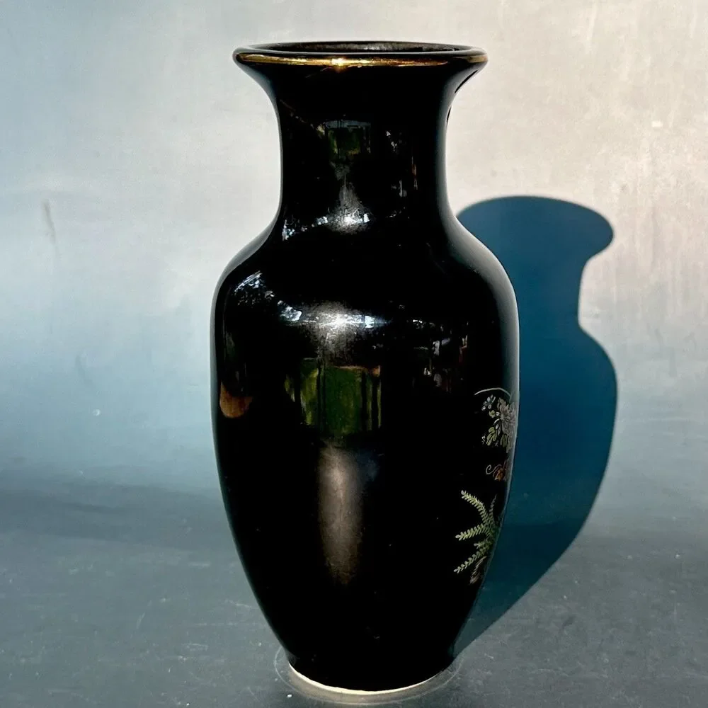 Vintage Japanese Kutani Chokin Style Black Porcelain Vase Peacock Floral Gold 6”